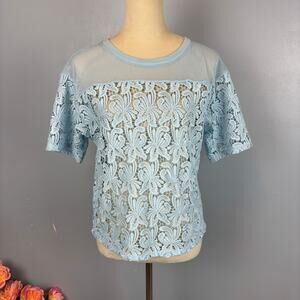 Ann Taylor Baby Blue Mesh Eyelet Blossom Tee Top Floral Short Sleeve Feminine M